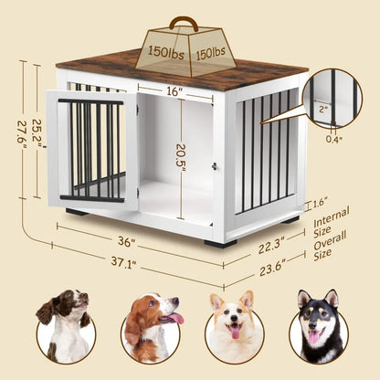 Dog Crate Furniture for Large Dogs Up to 60 lbs. - Farmhouse Table Top & Steel Bars - 37'' Wide