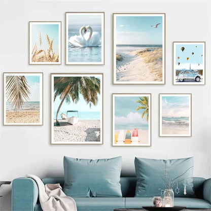 Summer Sea Beach, Coconut Tree, Surfboard Posters And Prints, Seagull Swan Wall Art, Canvas Painting