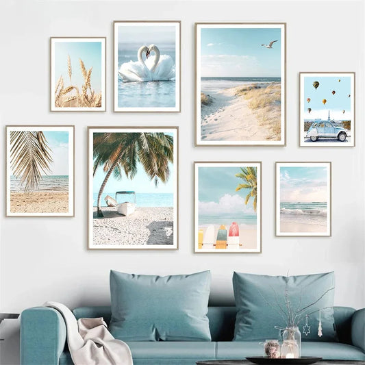 Summer Sea Beach, Coconut Tree, Surfboard Posters And Prints, Seagull Swan Wall Art, Canvas Painting