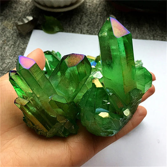 1x Natural Aura Green Titanium Gemstone Quartz Crystal Cluster Specimen Healing