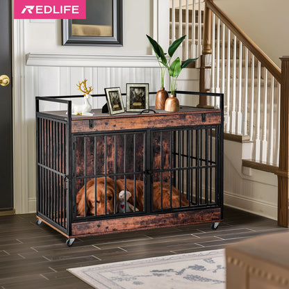 End Table Dog Kennel with Wheels, Feeder Bowls