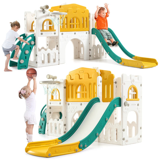 8-in-1 Toddler Slide Indoor Playground, Outdoor Playground with Basketball Hoop,