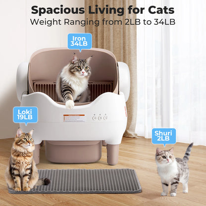 Open-Top Self Cleaning Litter Box, Automatic, APP Control, Odor-Free Large Waste Bin
