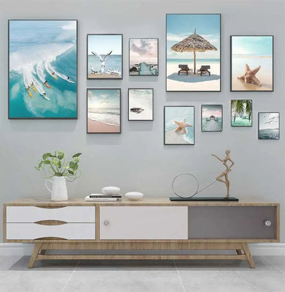 Beach Sea Ocean Canvas Wall Art Poster, Bridge Leaves Turtle Seagull Print Painting, Vibrant Summer Picture