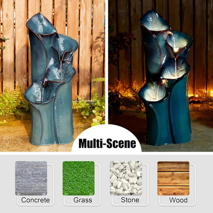 Outdoor Fountain With LED Lights, Water Pump, 4-storey Ceramic Floor, Waterfall Courtyard Vase