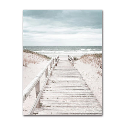 Beach Sea Ocean Canvas Wall Art Poster, Bridge Leaves Turtle Seagull Print Painting, Vibrant Summer Picture