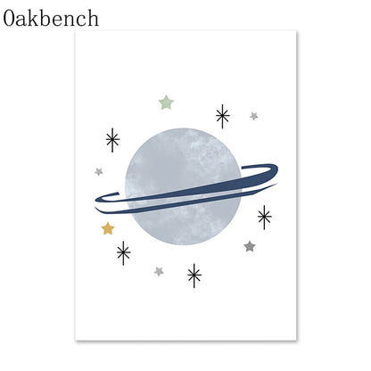 Blue Planet Art Painting, Spaceship, Star Moon Wall Pictures, Rainbow Nursery Wall Posters