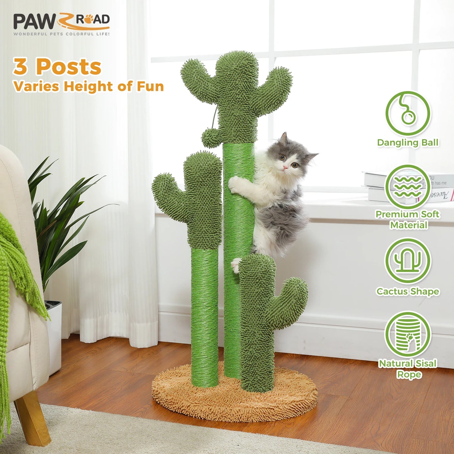 Cat Scratching Post with 3 Natural Scratching Poles and Interactive Dangling Ball