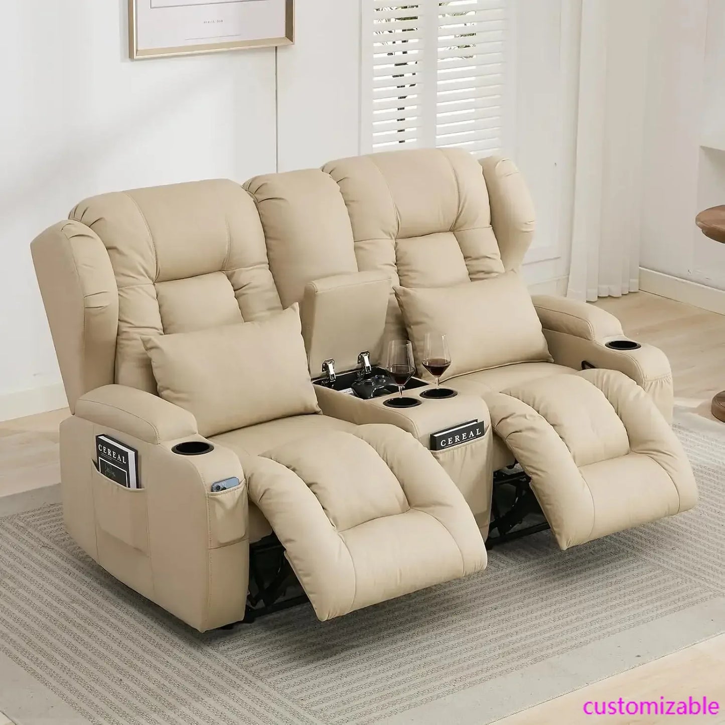 65.5" RV Loveseat Double Recliner Sofa & Console, Home Theater Seating
