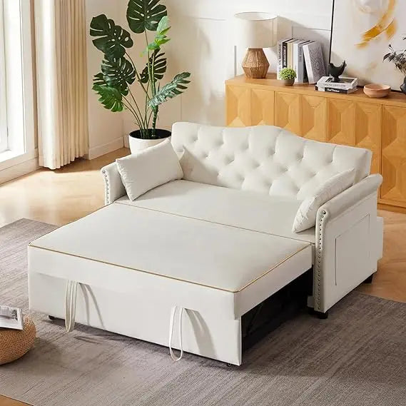 65'' 3-in-1 Folding Convertible Queen Size Pullout Sofa Bed, Modern Chenille Fabric, 360° Swivel Side Table