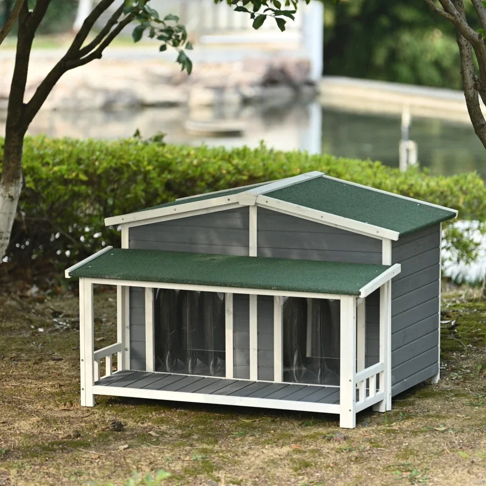 47.2" Large Wooden Dog House Outdoor/Indoor Crate, Cabin Style, With Porch, 2 Doors, Gray And Green