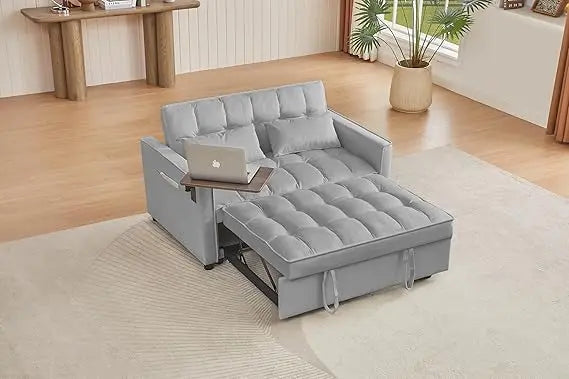 65'' 3-in-1 Folding Convertible Queen Size Pullout Sofa Bed, Modern Chenille Fabric, 360° Swivel Side Table
