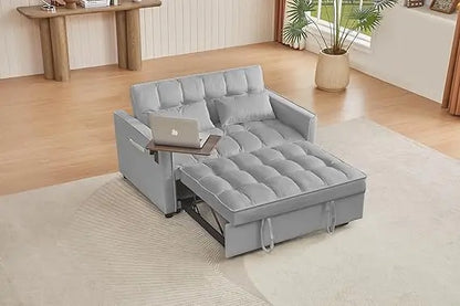 65'' 3-in-1 Folding Convertible Queen Size Pullout Sofa Bed, Modern Chenille Fabric, 360° Swivel Side Table