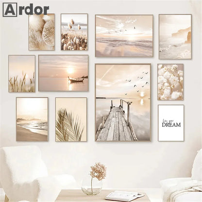 Sunset Sea Lake Boat Bridge Canvas Painting, Seagull Beach Poster, Beige Leaf Reed Wall Art Print