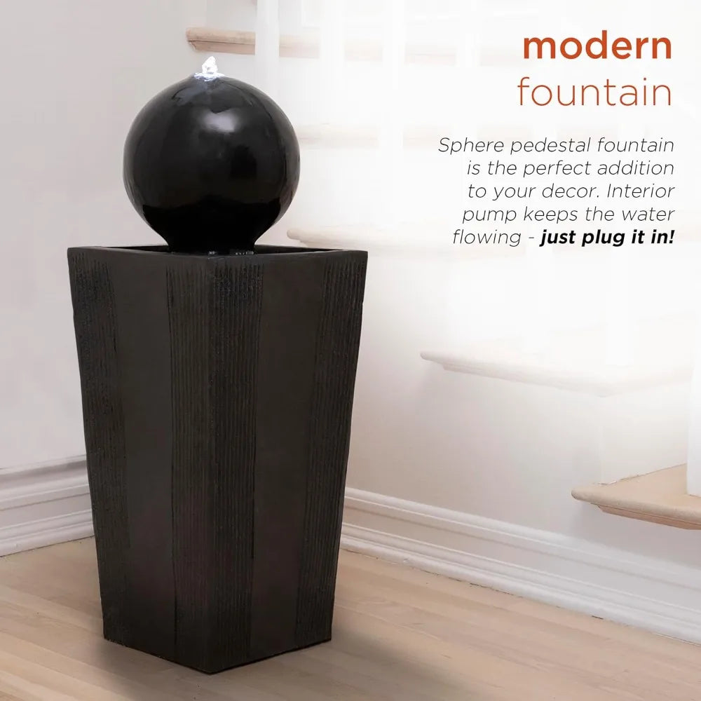 33" Outdoor Floor Modern Sphere and Pedestal, Soothing Waterfall Fountain