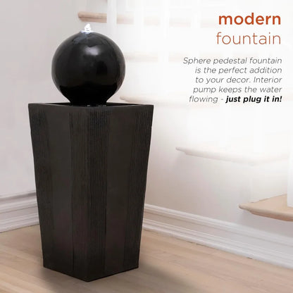 33" Outdoor Floor Modern Sphere and Pedestal, Soothing Waterfall Fountain