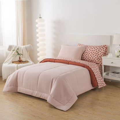 5-Piece Twin XL Reversible Bed in a Bag Comforter Set, Sheets, Soft Pink Red Canyon