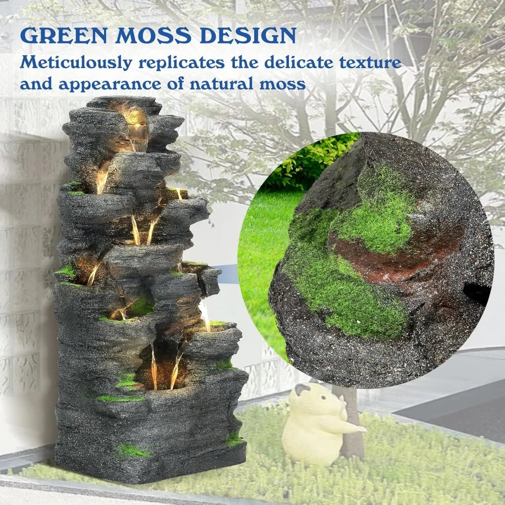 Garden Waterfall Fountain, Outdoor, Floor Standing Resin Water Fountain, LED Lights