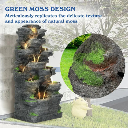 Garden Waterfall Fountain, Outdoor, Floor Standing Resin Water Fountain, LED Lights