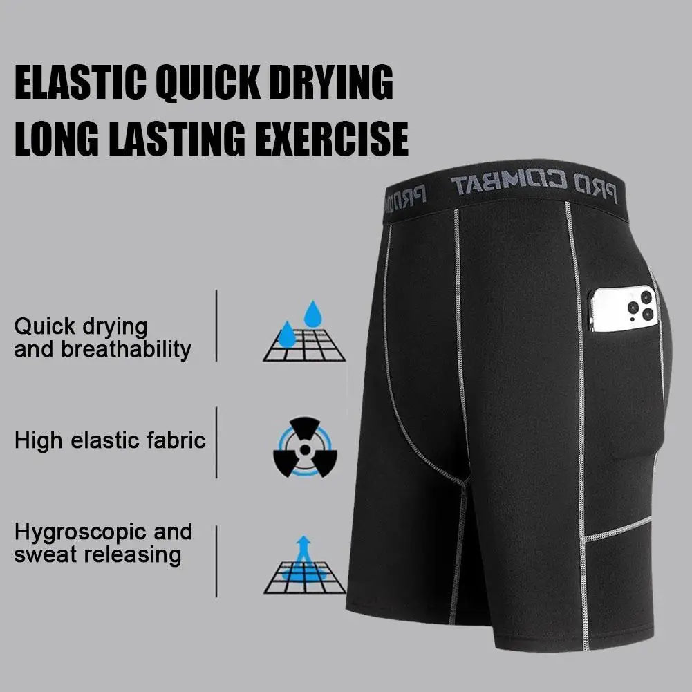 Men's Compression Short Pants With Pocket Elastic Quick Dry Breathable Stretchy Base Layer