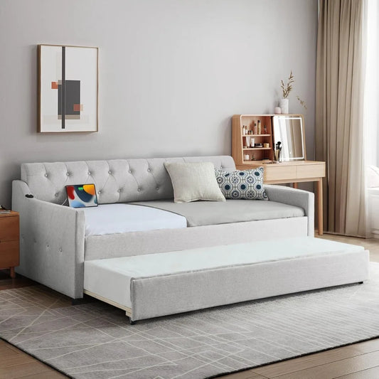 Antetek Twin-to-King Size Daybed with Pop Up Trundle, Modern Button Tufted Linen Upholstered Sofa Bed Frame