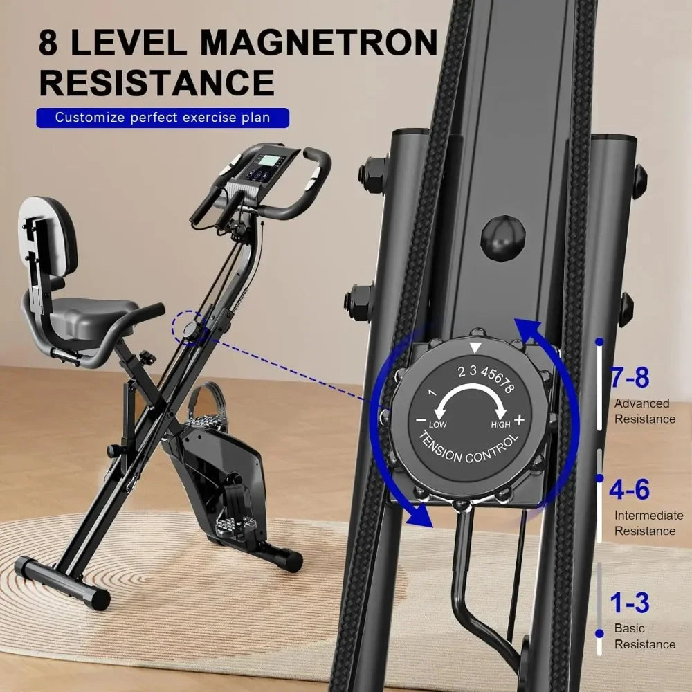 Foldable Exercise Bike, 8 Resistance Levels, Indoor, Heart Rate Sensors, LCD Display, Home Fitness Training