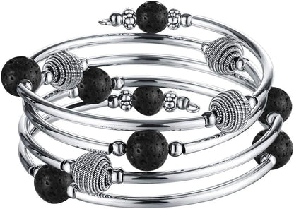 Beaded Chakra Bangle Turquoise Bracelet , Thick Silver Metal and Mala Beads