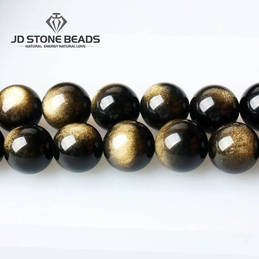 Natural Stone, Golden Black Obsidian Bead, Shinny Round Loose Gemstone, Jewelry Making