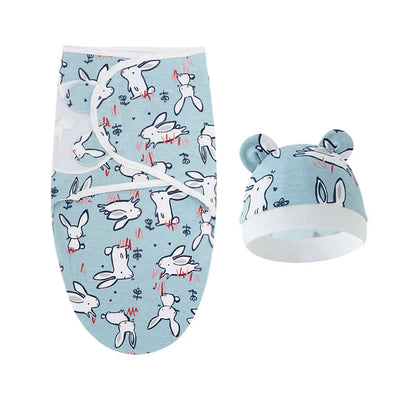 Baby Blanket Hat Set, Cotton, Newborn Swaddle, Adjustable