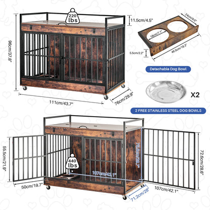 End Table Dog Kennel with Wheels, Feeder Bowls