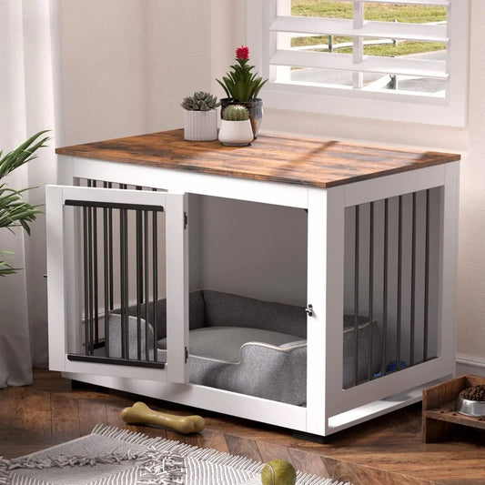 Dog Crate Furniture for Large Dogs Up to 60 lbs. - Farmhouse Table Top & Steel Bars - 37'' Wide