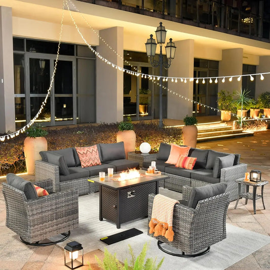 11 Piece Outdoor Patio Furniture Set with Fire Pit Table, Conversation Sectional Wicker Couch with Swivel Chairs
