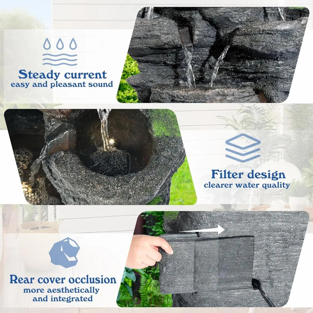 Garden Waterfall Fountain, Outdoor, Floor Standing Resin Water Fountain, LED Lights