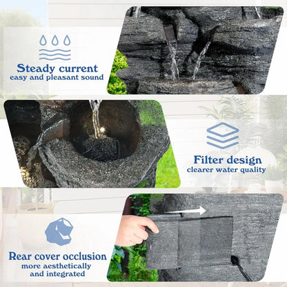 Garden Waterfall Fountain, Outdoor, Floor Standing Resin Water Fountain, LED Lights