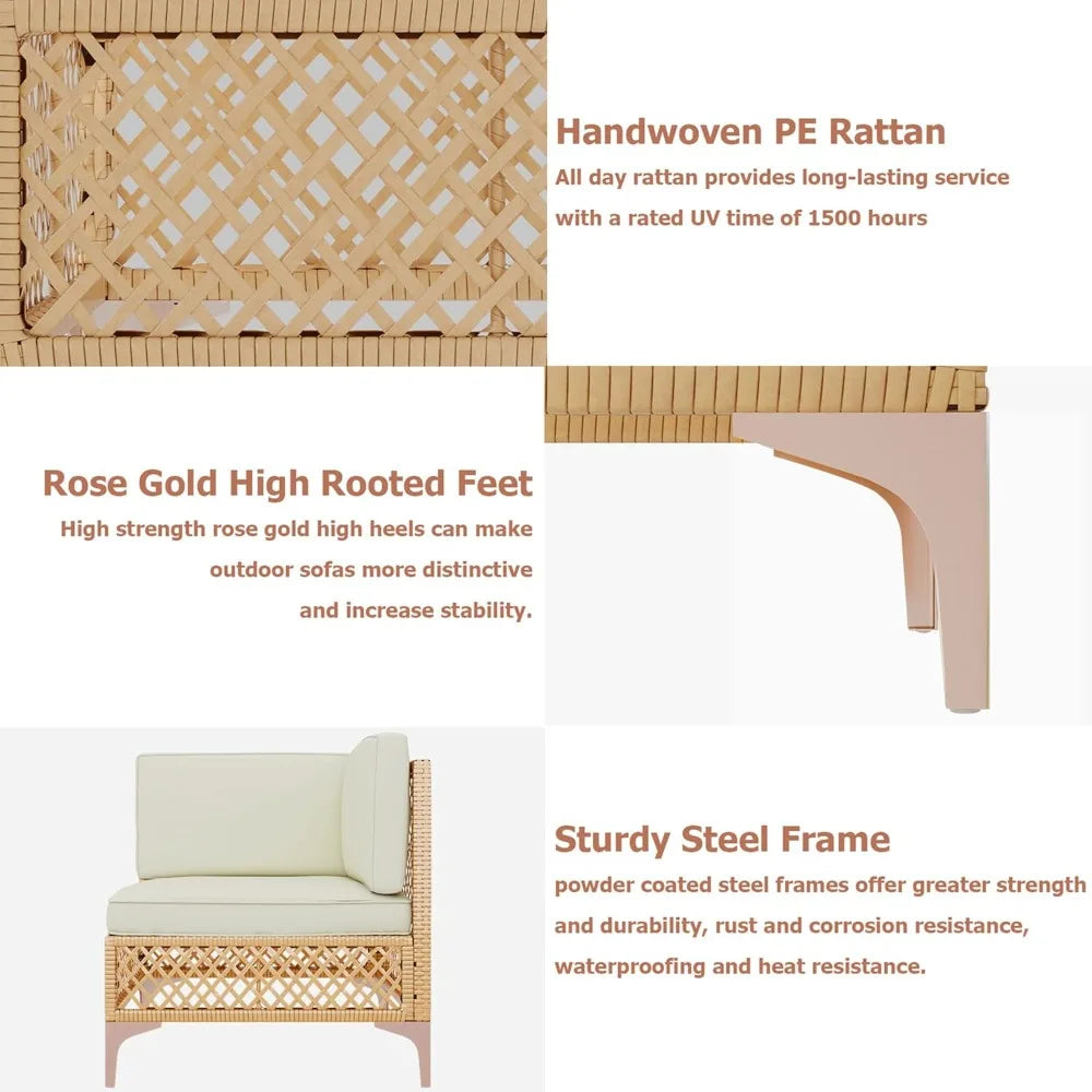 Wicker Outdoor Sectional Set, Boho Patio Conversation Sectional Sofa with Large Tempered Glass Coffee Table