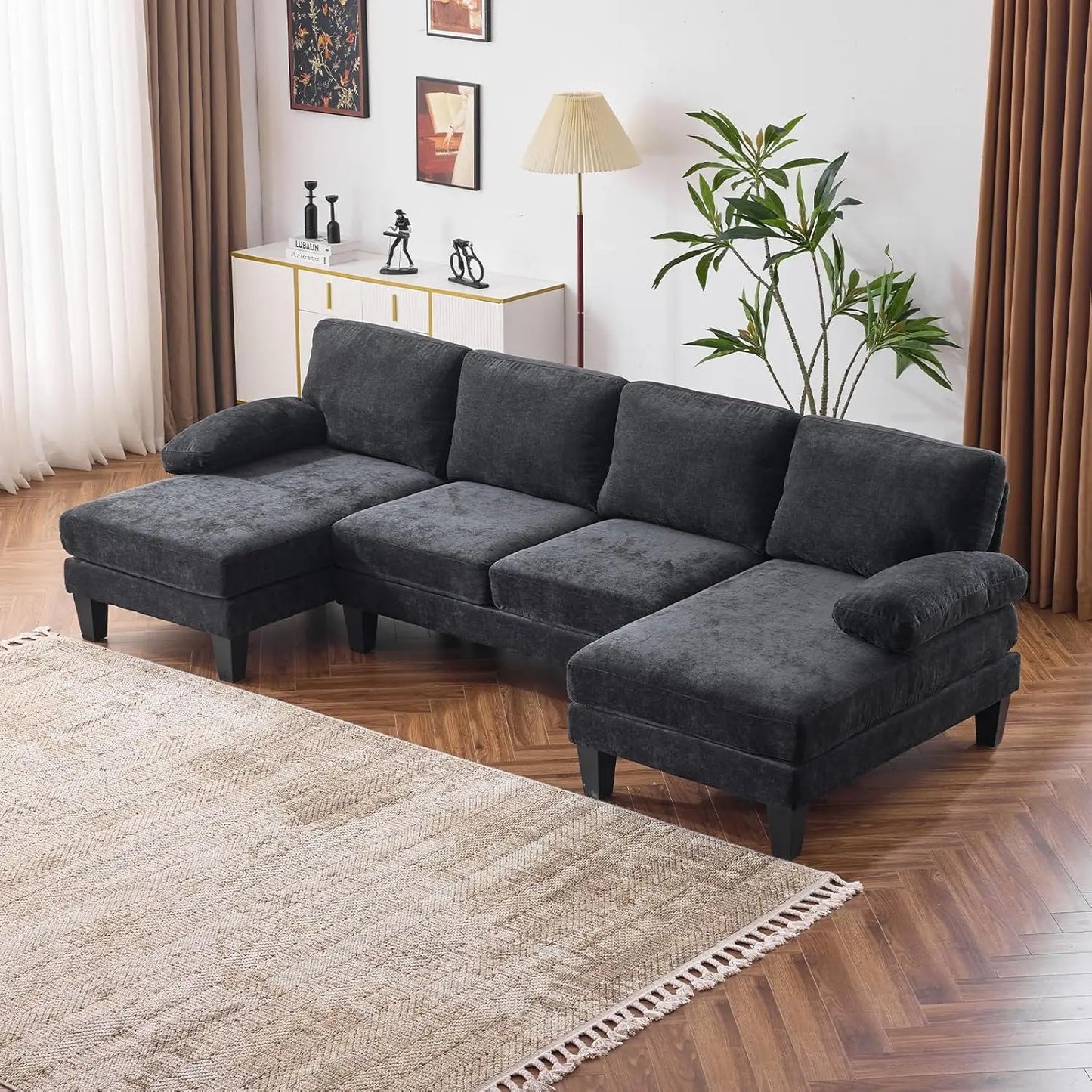 110" U Shaped Couch with Double Chaise, 4-Seat Sofa Set with Chenille Fabric