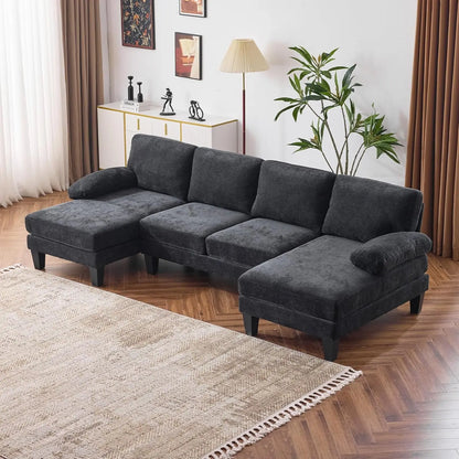 110" U Shaped Couch with Double Chaise, 4-Seat Sofa Set with Chenille Fabric