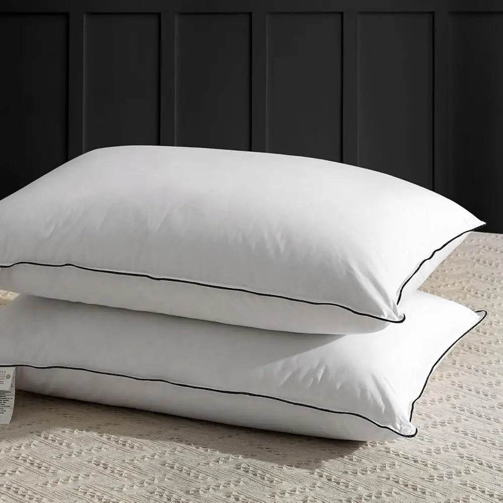 Medium Firm Down Feather Pillow Set, 2 King Size, Luxury Organic Cotton Cover, Support Side/Back