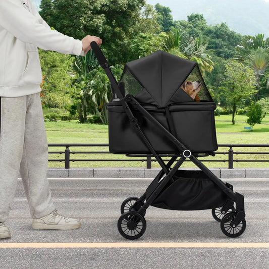 4-Wheel Lightweight Dog Stroller Foldable For Cats Dogs Up to 50 Lbs 360° Swivel Wheels & Foot Brake Weatherproof Pet Stroller