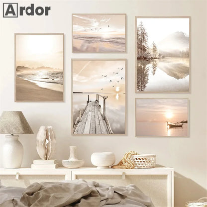 Sunset Sea Lake Boat Bridge Canvas Painting, Seagull Beach Poster, Beige Leaf Reed Wall Art Print