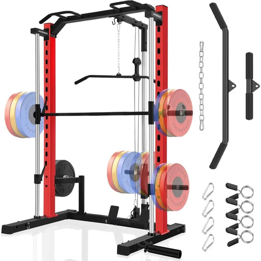 Smith Machine Power Rack, All-in-One Power Cage, Squat, LAT Pulldown, Cable Machine