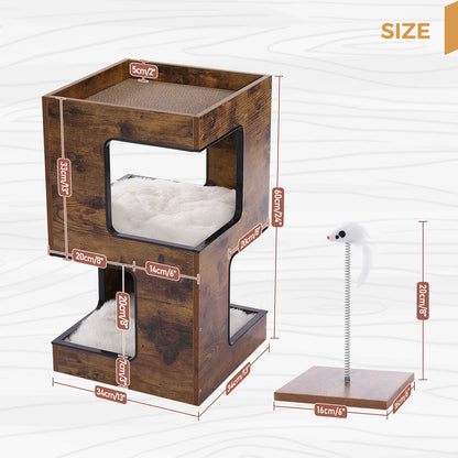 Cat Bed with Two Large Condos, Detachable Scratching Pad, Wooden with Plush Mats