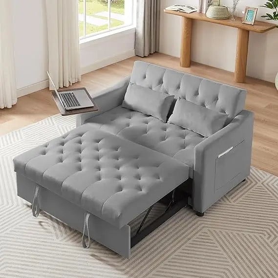 65'' 3-in-1 Folding Convertible Queen Size Pullout Sofa Bed, Modern Chenille Fabric, 360° Swivel Side Table