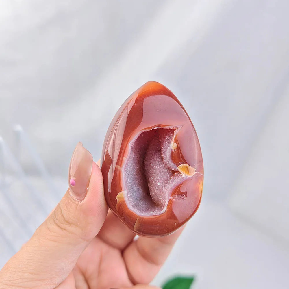 Natural Carnelian Geode Egg Gemstone, Red Agate Mineral Cavern Design