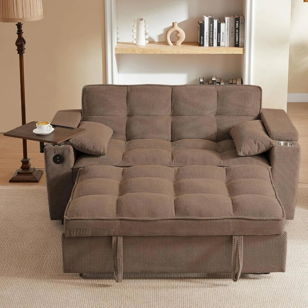 65'' 3-in-1 Folding Convertible Queen Size Pullout Sofa Bed, Modern Chenille Fabric, 360° Swivel Side Table