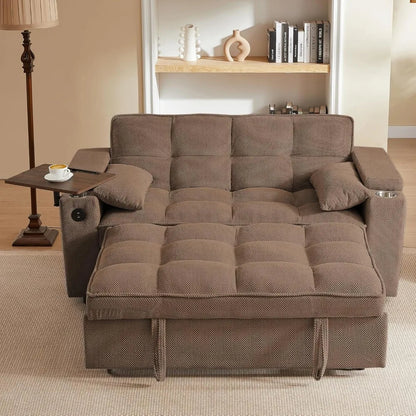 65'' 3-in-1 Folding Convertible Queen Size Pullout Sofa Bed, Modern Chenille Fabric, 360° Swivel Side Table