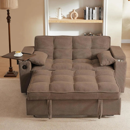 65'' 3-in-1 Folding Convertible Queen Size Pullout Sofa Bed, Modern Chenille Fabric, 360° Swivel Side Table