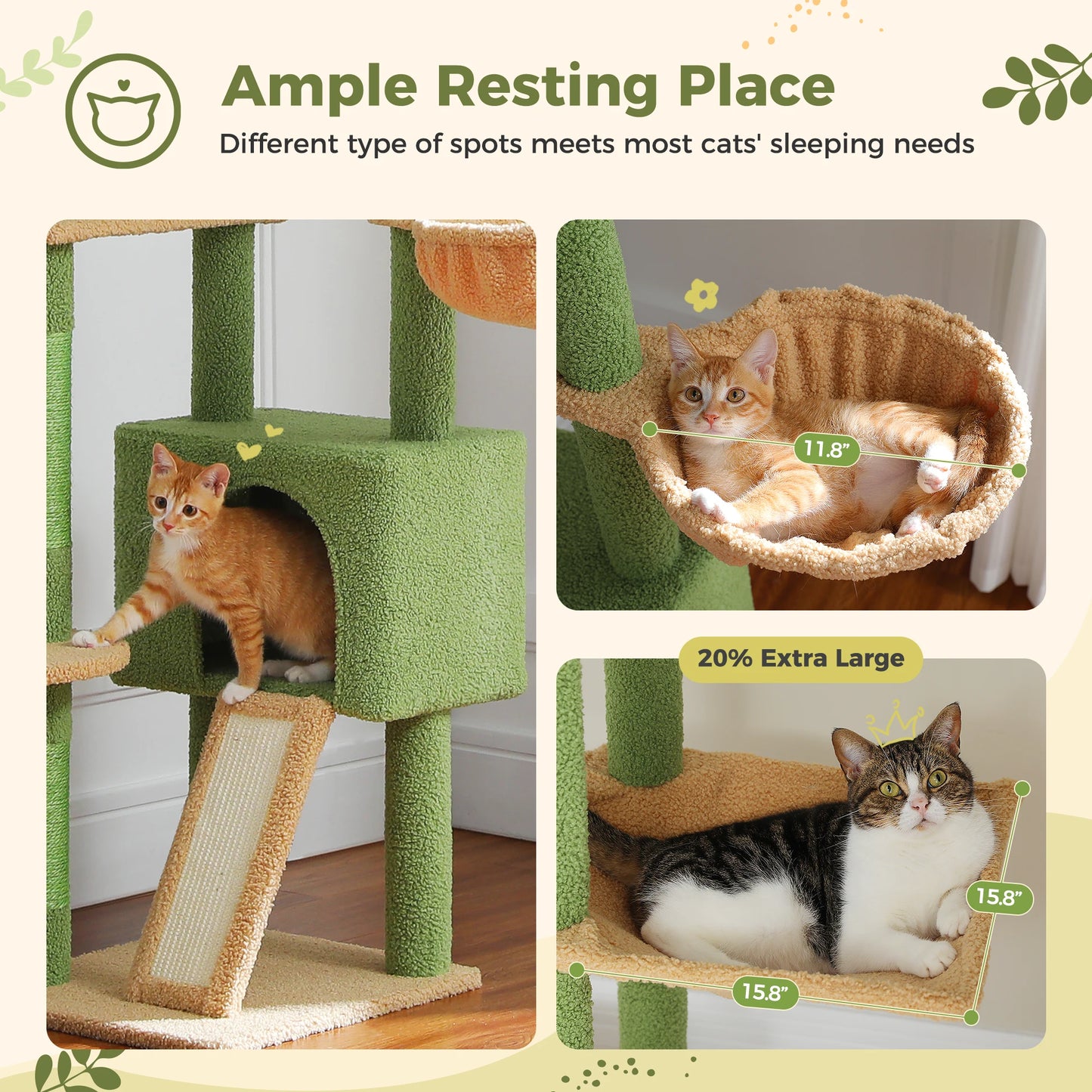Cactus Cat Tree, Floor/Ceiling Tower, Adjustable Height, Condo Cozy Hammock, Scratching Post