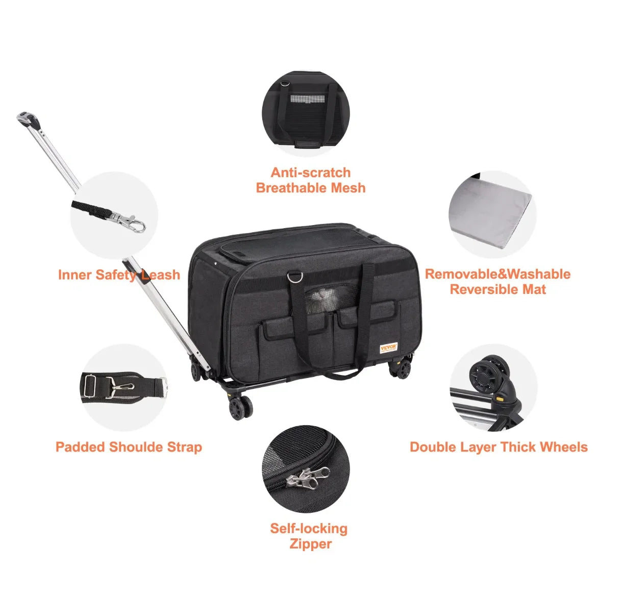 VEVOR Rolling Pet Carrier Telescopic Handle Shoulder Strap for Pets 35 lbs