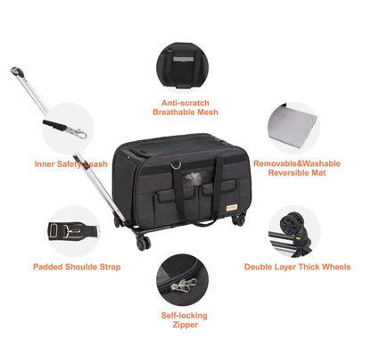 VEVOR Rolling Pet Carrier Telescopic Handle Shoulder Strap for Pets 35 lbs